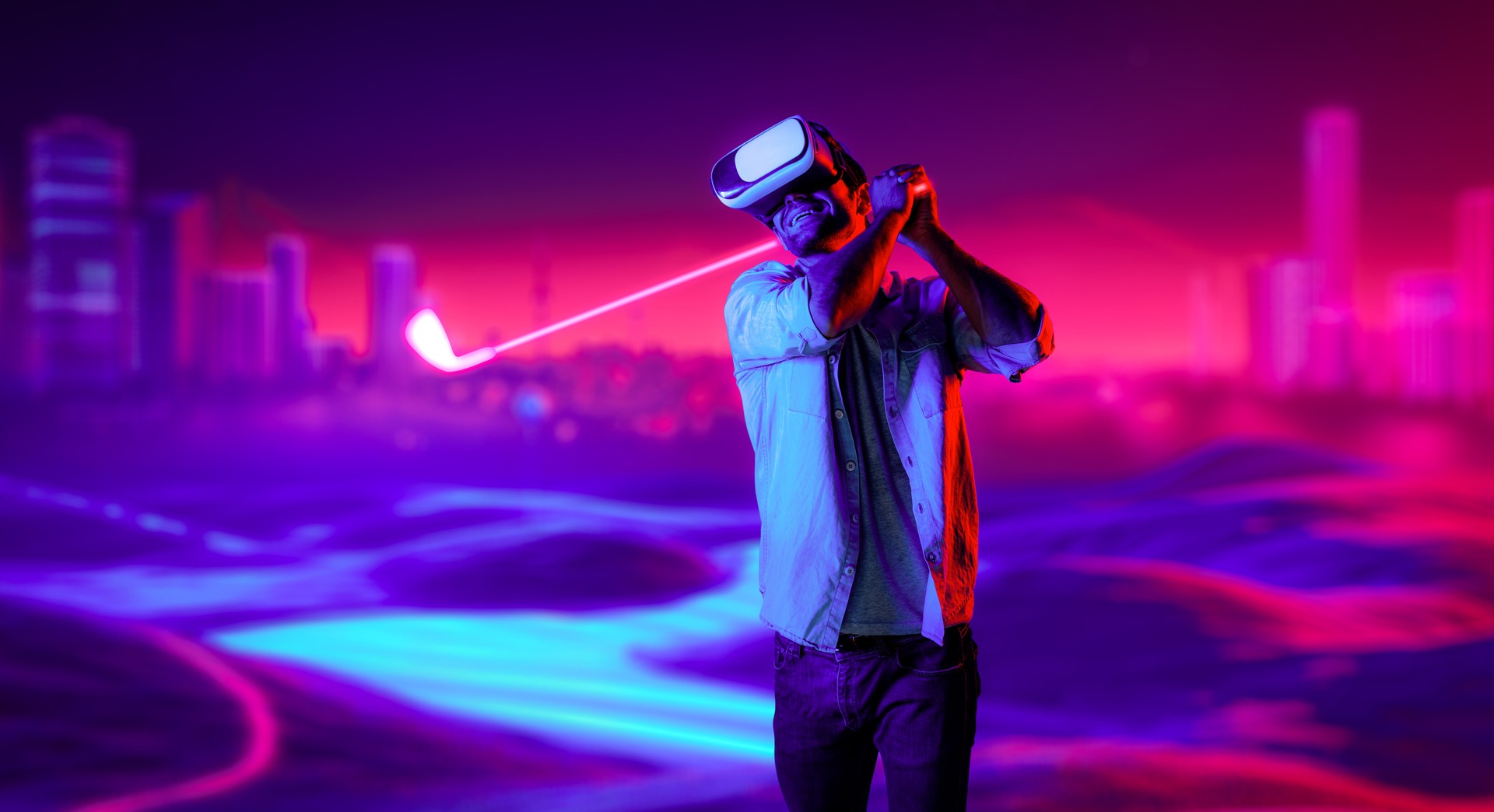 Caucasian man playing golf in metaverse while wearing VR goggles. Deviation.