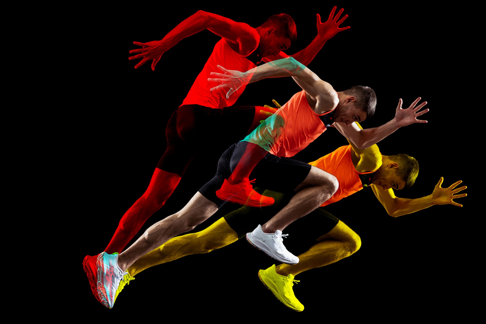 Creative collage of man, professional athlete, runner isolated over black background. Glitch and duotine effect